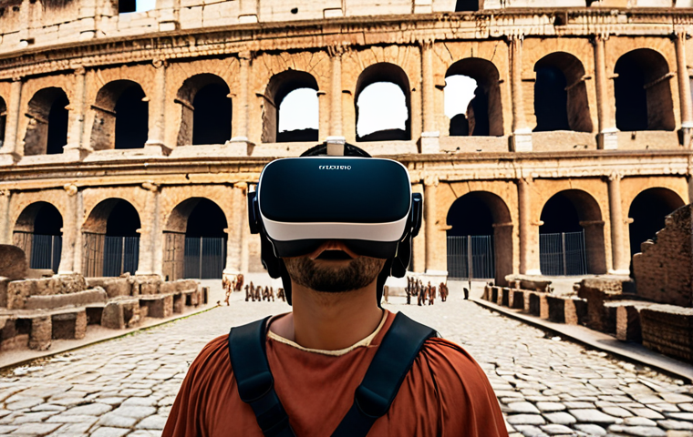 **
VR headset user immersed in a virtual Colosseum tour. Focus on the feeling of being present in ancient Rome, with realistic graphics and historical details.
**