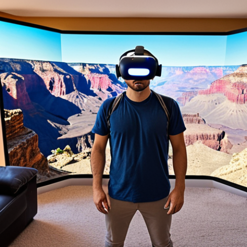 Home 14 **
"A person wearing a VR headset, seemingly amazed, standing in a messy living room. In the VR display, a panoramic view of the Grand Canyon is visible. The image should convey the contrast between the real-world setting and the immersive VR experience, focusing on the initial 'wow' factor that quickly fades due to the lack of real sensations."
**