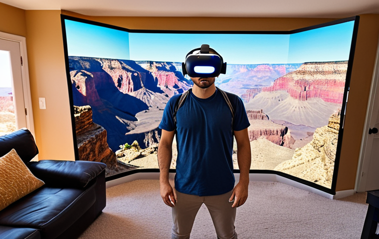 **
"A person wearing a VR headset, seemingly amazed, standing in a messy living room. In the VR display, a panoramic view of the Grand Canyon is visible. The image should convey the contrast between the real-world setting and the immersive VR experience, focusing on the initial 'wow' factor that quickly fades due to the lack of real sensations."
**