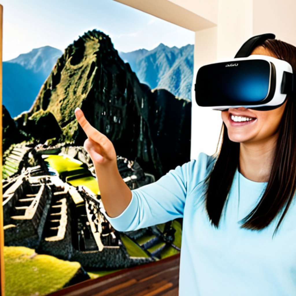 가상현실 여행을 통한 감정 이입 - Virtual Tourism**
"A fully clothed woman wearing a VR headset, standing in her living room, experie...