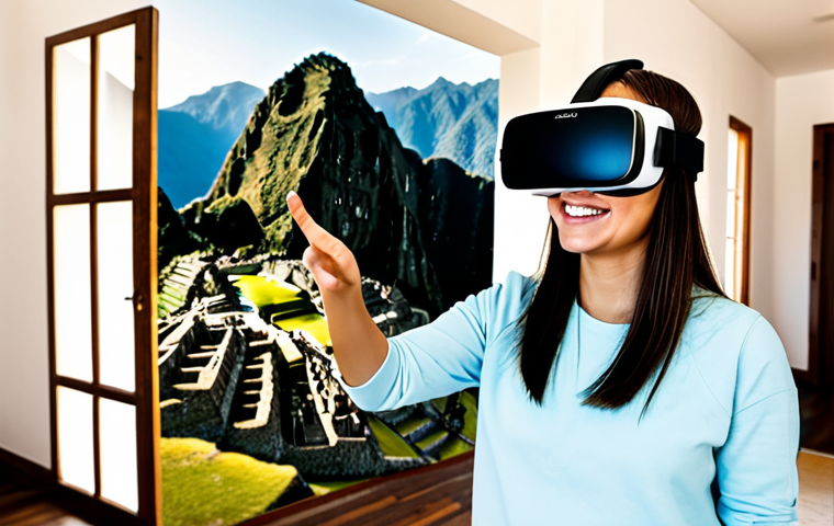 가상현실 여행을 통한 감정 이입 - Virtual Tourism**
"A fully clothed woman wearing a VR headset, standing in her living room, experie...