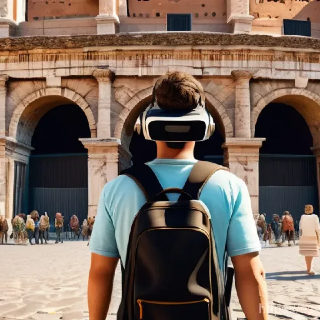 초보자를 위한 가상현실 여행 가이드 - A curious virtual traveler, wearing comfortable, modern casual clothing, stands in a bustling, histo...
