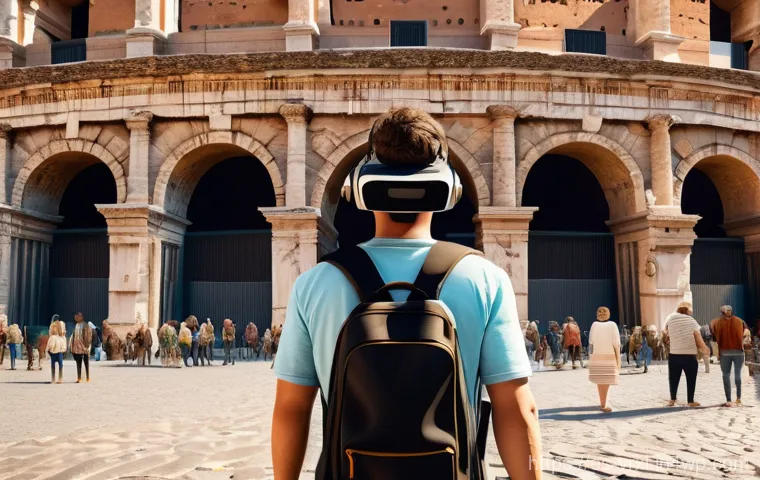 초보자를 위한 가상현실 여행 가이드 - A curious virtual traveler, wearing comfortable, modern casual clothing, stands in a bustling, histo...
