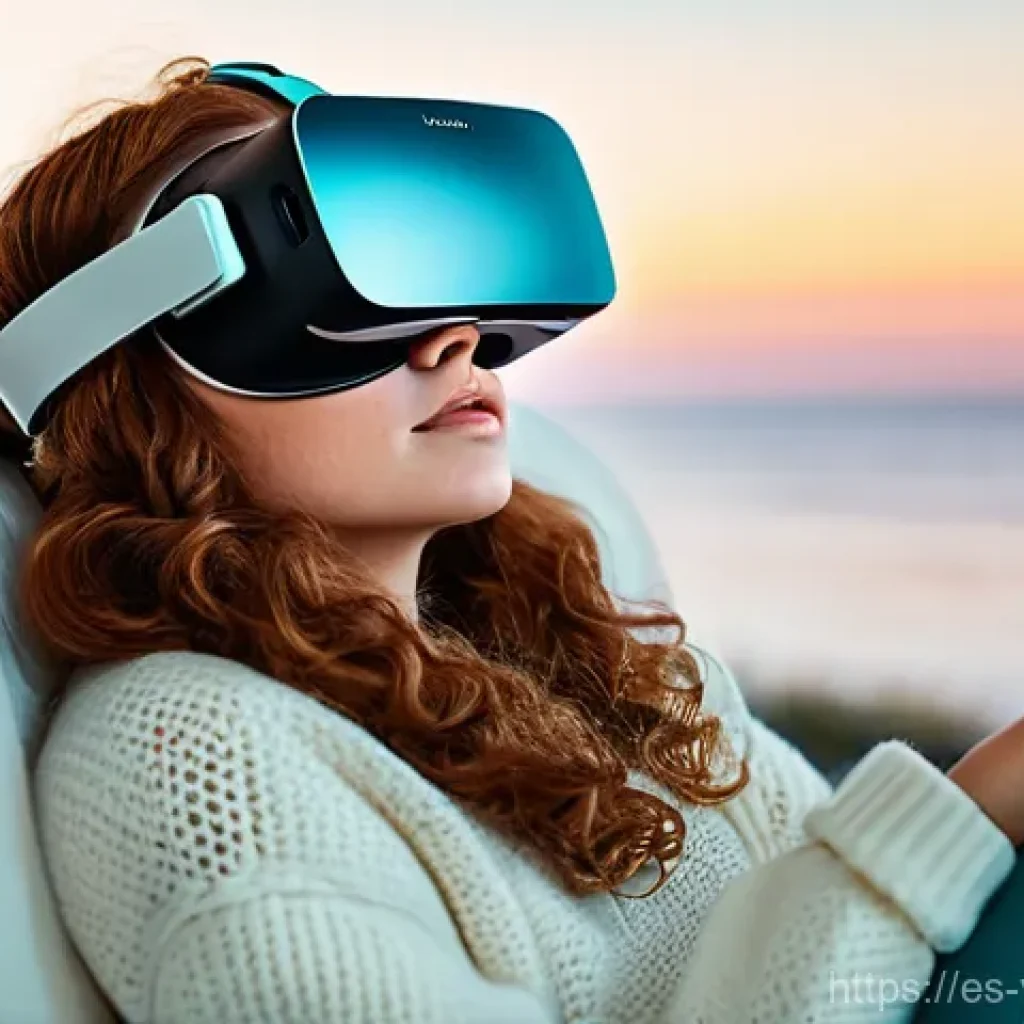 가상현실 여행 산업의 경쟁 분석 - **Immersive VR Travel Experience:** A young woman, mid-20s, with curly auburn hair tied in a loose p...