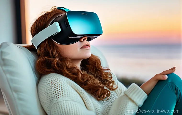 가상현실 여행 산업의 경쟁 분석 - **Immersive VR Travel Experience:** A young woman, mid-20s, with curly auburn hair tied in a loose p...