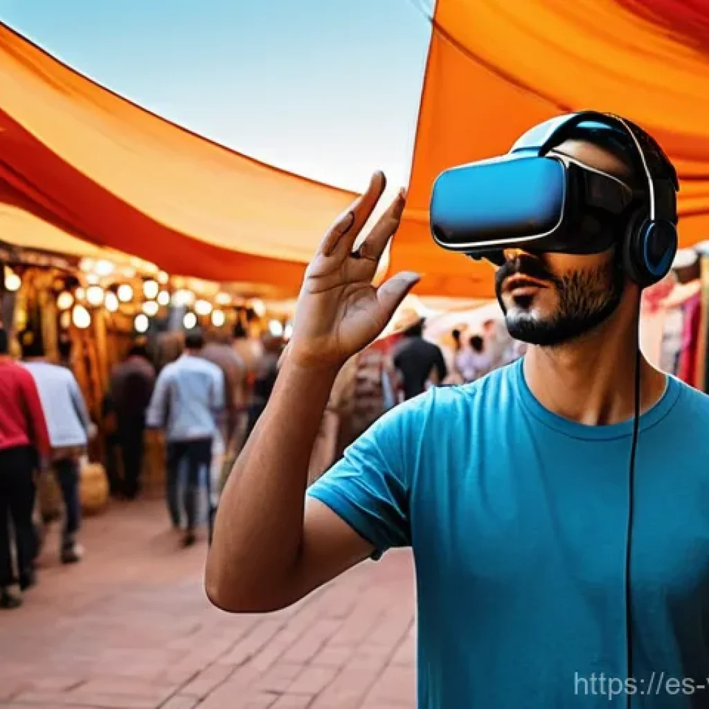 가상현실 여행에서의 사용자 인터페이스 - **Prompt 1: Immersive and Intuitive Virtual Market Exploration**
"A person, 20s-30s, wearing com...