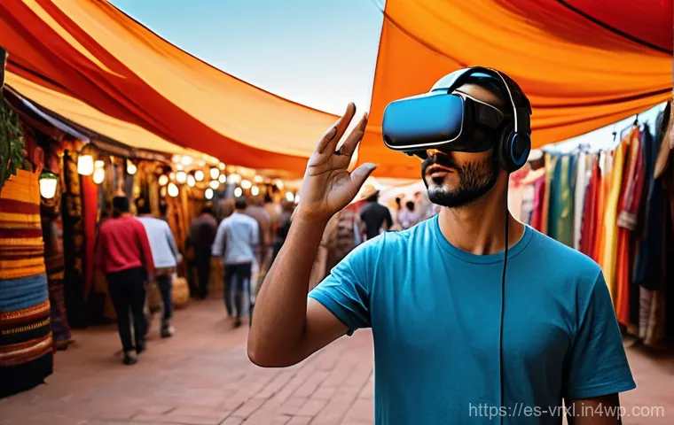 가상현실 여행에서의 사용자 인터페이스 - **Prompt 1: Immersive and Intuitive Virtual Market Exploration**
"A person, 20s-30s, wearing com...