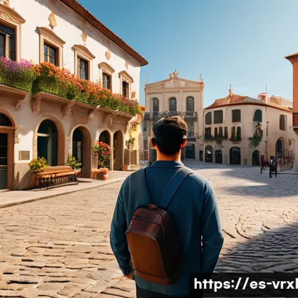 VR 여행 체험의 사용자 피드백 - A highly detailed virtual reality scene showcasing a user exploring a vibrant, historic Spanish town...