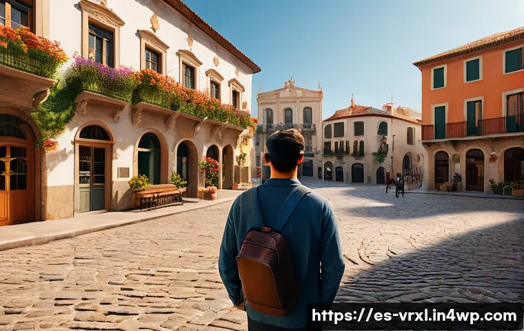 VR 여행 체험의 사용자 피드백 - A highly detailed virtual reality scene showcasing a user exploring a vibrant, historic Spanish town...