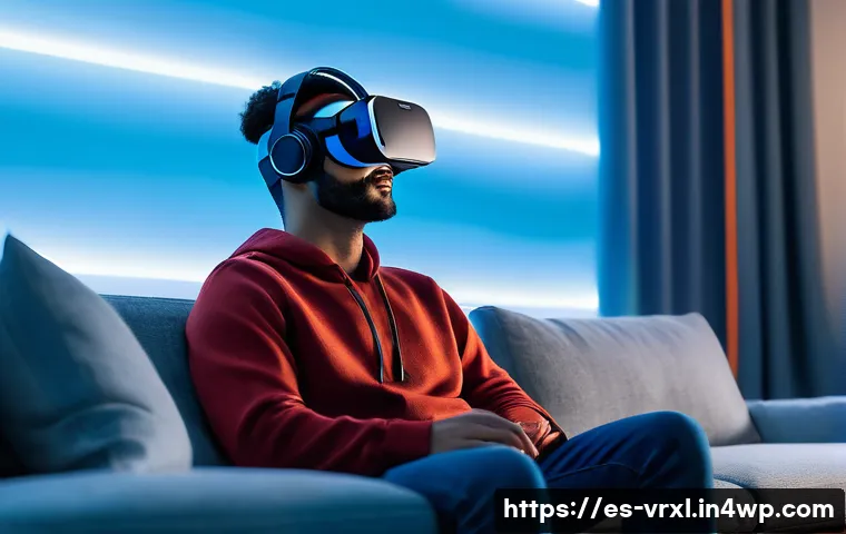 가상현실 여행의 개인적 경험 분석 - A person wearing a high-resolution virtual reality headset and comfortable casual clothes, sitting o...