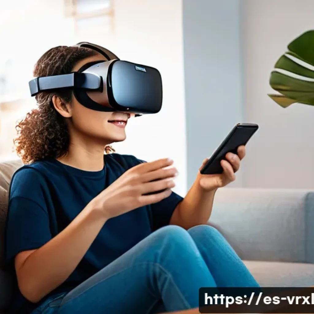 가상현실 여행의 접근성 향상 방안 - A modern, lightweight standalone VR headset worn by a young Hispanic adult woman sitting comfortably...