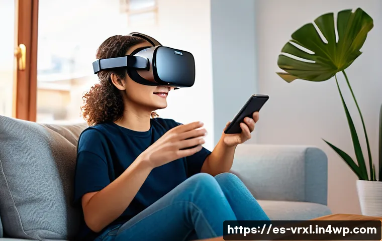 가상현실 여행의 접근성 향상 방안 - A modern, lightweight standalone VR headset worn by a young Hispanic adult woman sitting comfortably...