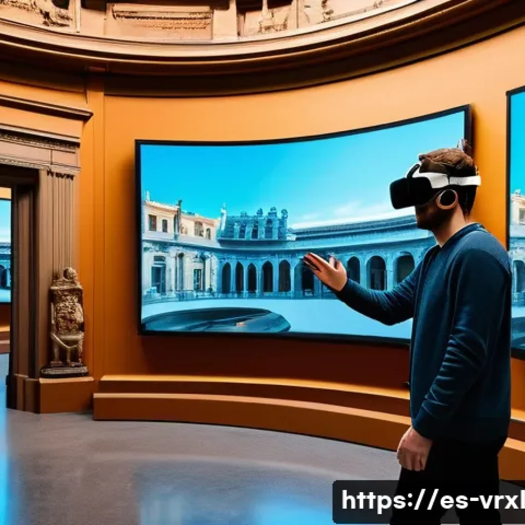 가상현실 여행의 인터페이스 디자인 - A detailed scene of a virtual reality user wearing wireless VR goggles and advanced haptic gloves, e...