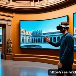 Home 20 가상현실 여행의 인터페이스 디자인 - A detailed scene of a virtual reality user wearing wireless VR goggles and advanced haptic gloves, e...