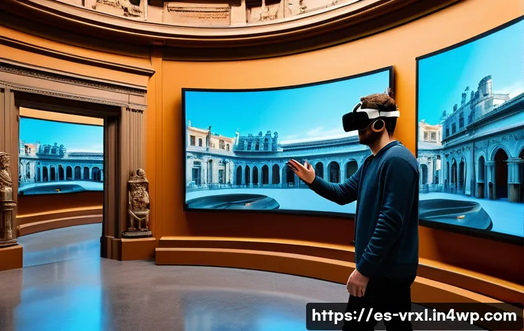 가상현실 여행의 인터페이스 디자인 - A detailed scene of a virtual reality user wearing wireless VR goggles and advanced haptic gloves, e...