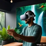 Home 18 가상현실 여행의 유망 스타트업 탐색 - A highly detailed virtual reality tourism scene showcasing a user wearing a sleek Oculus Quest 2 hea...