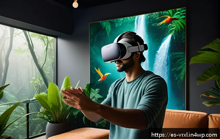 가상현실 여행의 유망 스타트업 탐색 - A highly detailed virtual reality tourism scene showcasing a user wearing a sleek Oculus Quest 2 hea...
