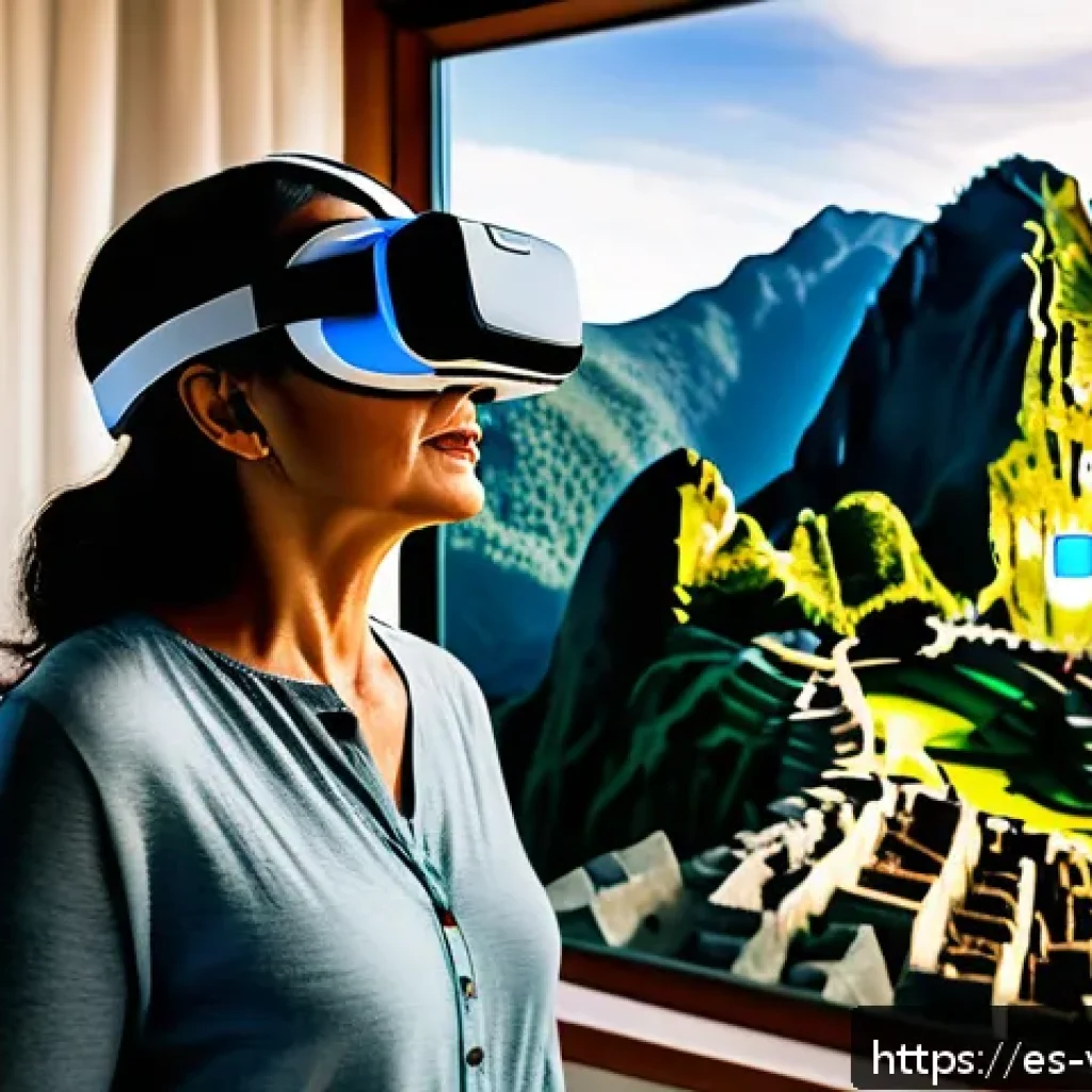 가상현실 여행의 장점과 단점 - A middle-aged Hispanic woman wearing comfortable casual clothes and VR headset, standing in a modern...