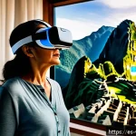 Home 23 가상현실 여행의 장점과 단점 - A middle-aged Hispanic woman wearing comfortable casual clothes and VR headset, standing in a modern...