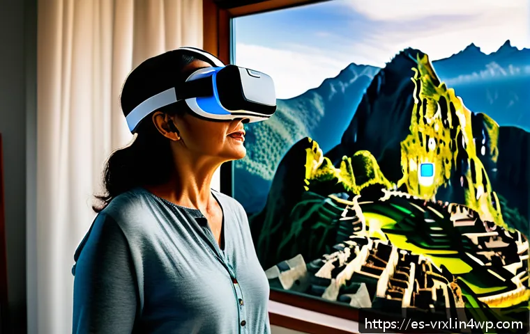 가상현실 여행의 장점과 단점 - A middle-aged Hispanic woman wearing comfortable casual clothes and VR headset, standing in a modern...