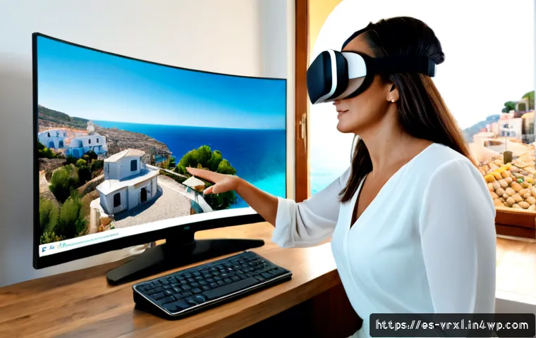 Home 17 가상현실 여행의 인터랙션 디자인 - Photorealistic immersive virtual reality travel interaction design, middle-aged Spanish woman wearin...