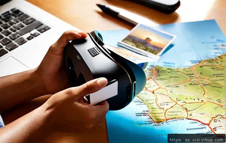 Home 17 가상현실 여행의 창의성 증진 - Photorealistic Spanish-speaking traveler wearing a sleek virtual reality headset, seated at a sunlit...