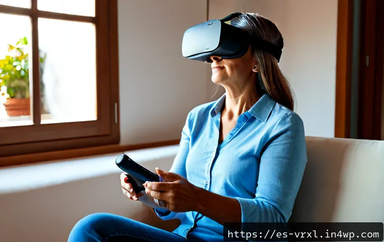 Home 17 가상현실 여행의 질적 평가 - Photorealistic middle-aged Spanish woman wearing a modern VR headset while seated comfortably in a b...