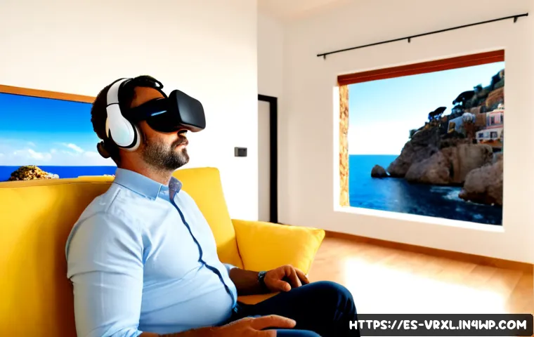 Home 17 가상현실 여행의 미래 기술 트렌드 - Photorealistic future virtual travel scene, a Spanish couple in their late 50s wearing sleek lightwe...
